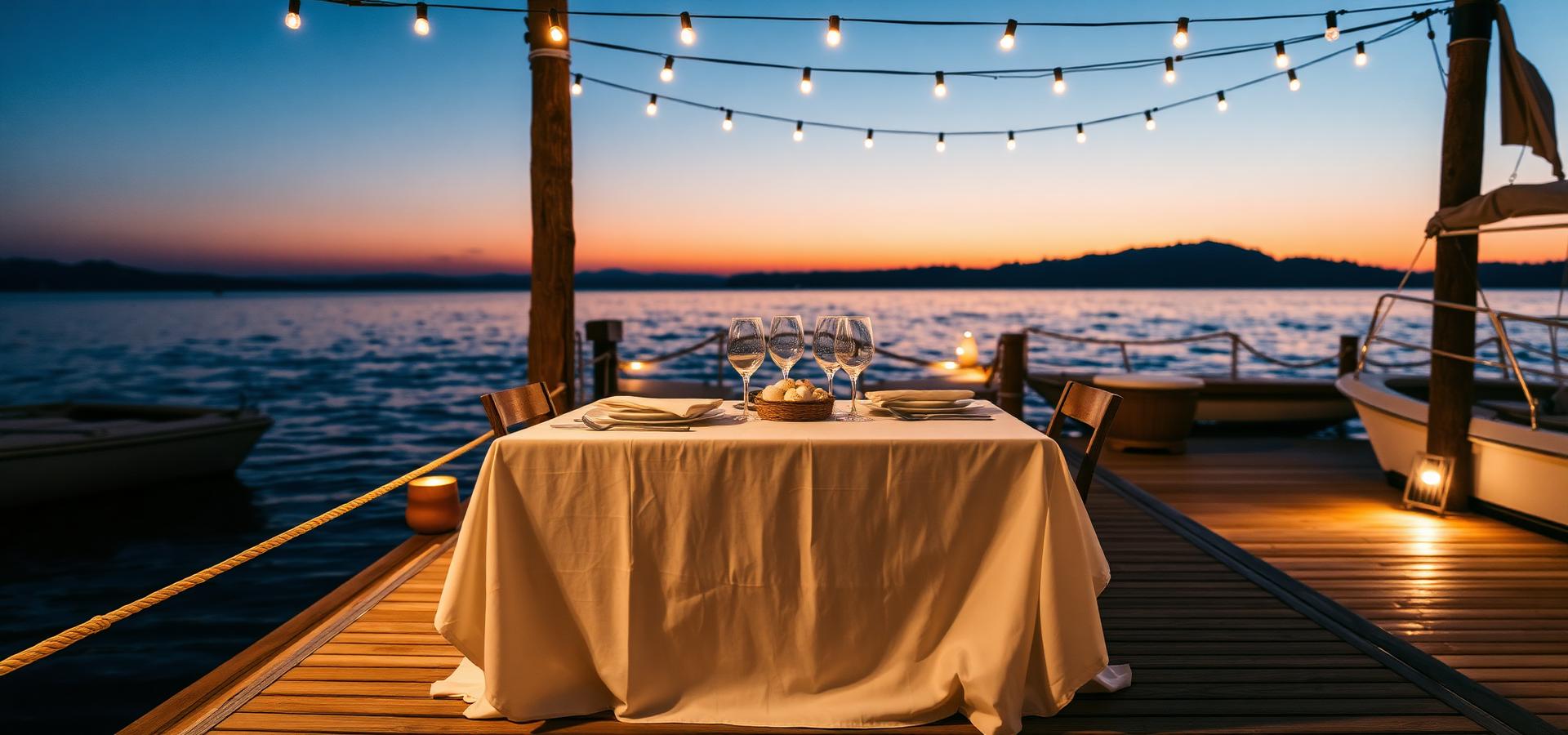 Gedeckter Tisch am Steg im Sonnenuntergang